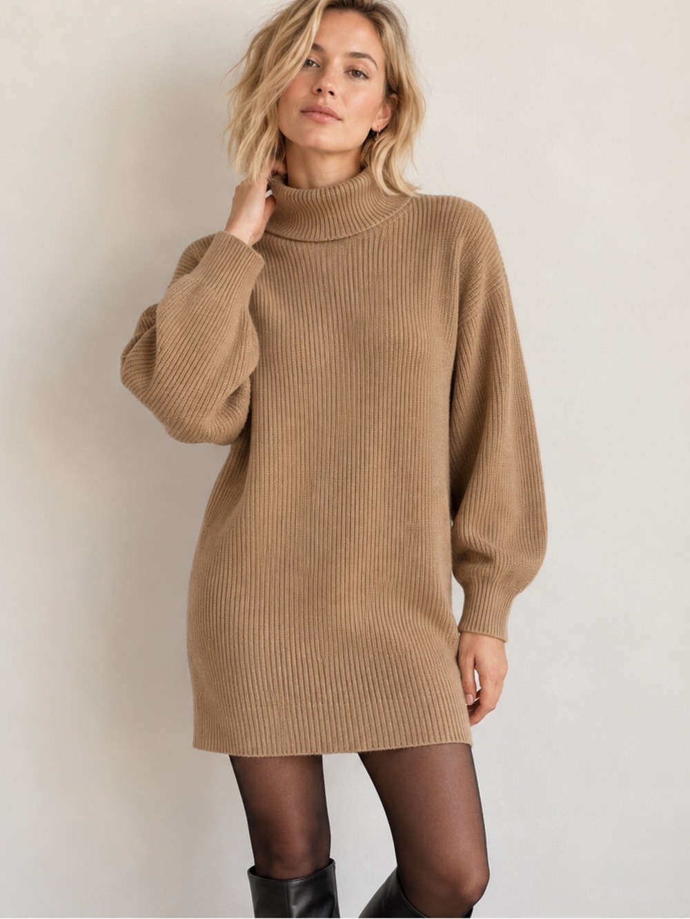 Aritzia Babaton Camel Merino Wool Maclean Turtle Neck Sweater Mini Dress Large